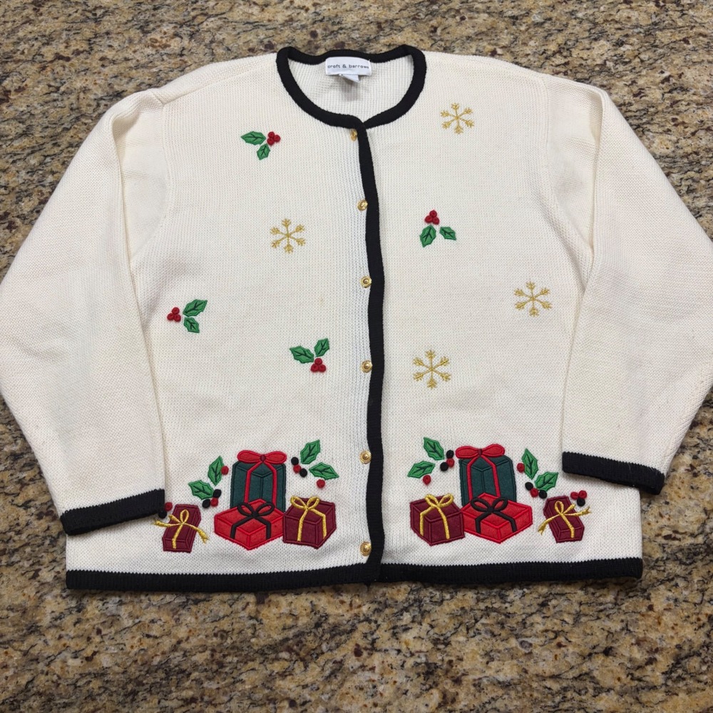 Croft & Barrow Womens XL Christmas Cardigan Sweater Cream Embroidered Holiday